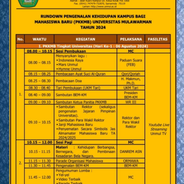 Jadwal Pelaksanaan PKKMB UNMUL Tahun 2024