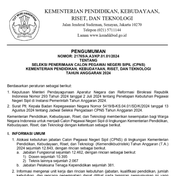 Seleksi Penerimaan CPNS di Lingkungan Kemendikbudristek Tahun 2024