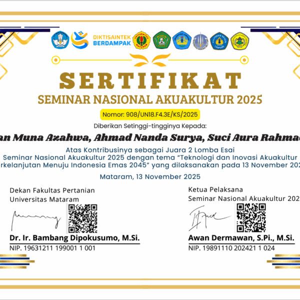 Juara 2 dan Partisipasi Lomba Esai Seminar Nasional Akuakultur 2025 oleh Fakultas Pertanian Universitas Mataram
