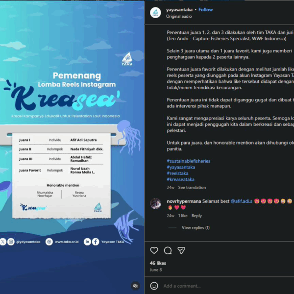 Juara 3 Lomba Reels Instagram KreaSea tahun 2025 oleh Yayasan TAKA
